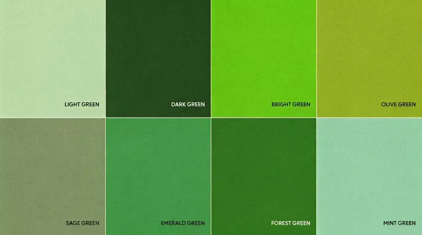 Color palette displaying eight popular shades of green, including light, dark, bright, olive, sage, emerald, forest, and mint green.