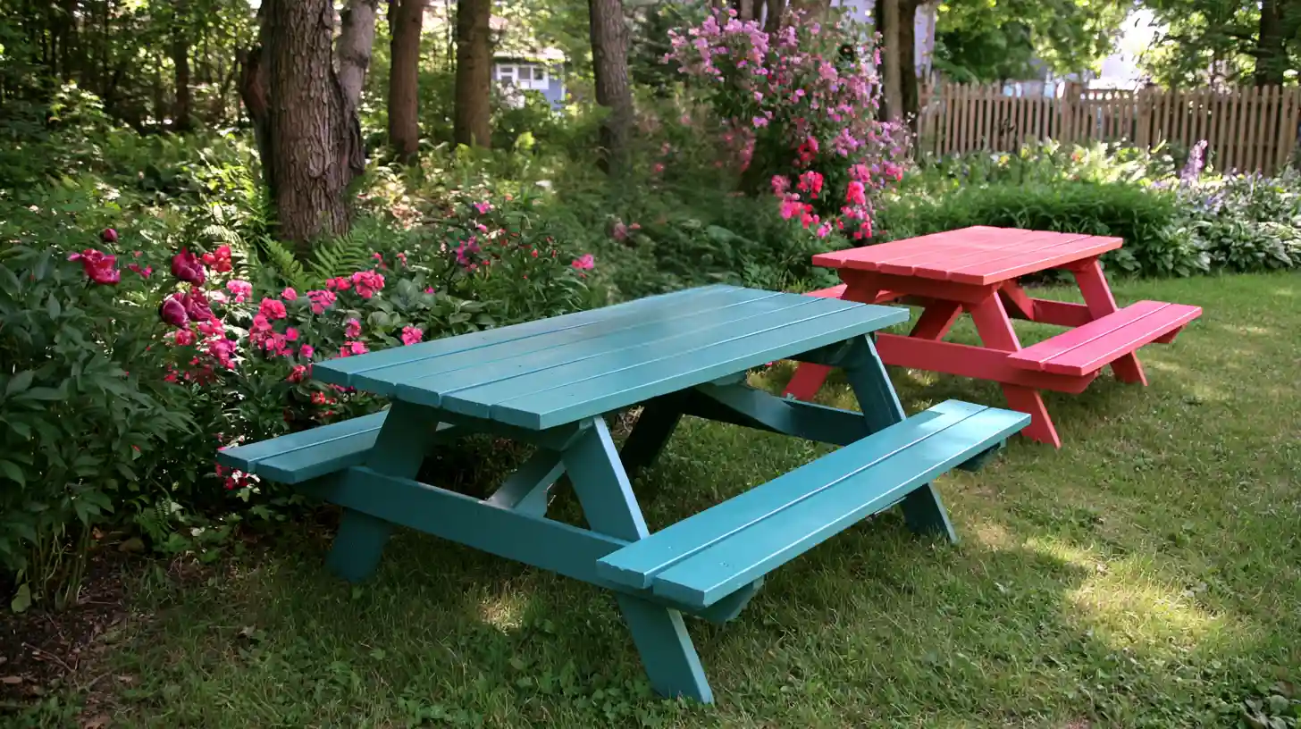 Colorful painted wooden picnic tables in a flower-filled backyard garden