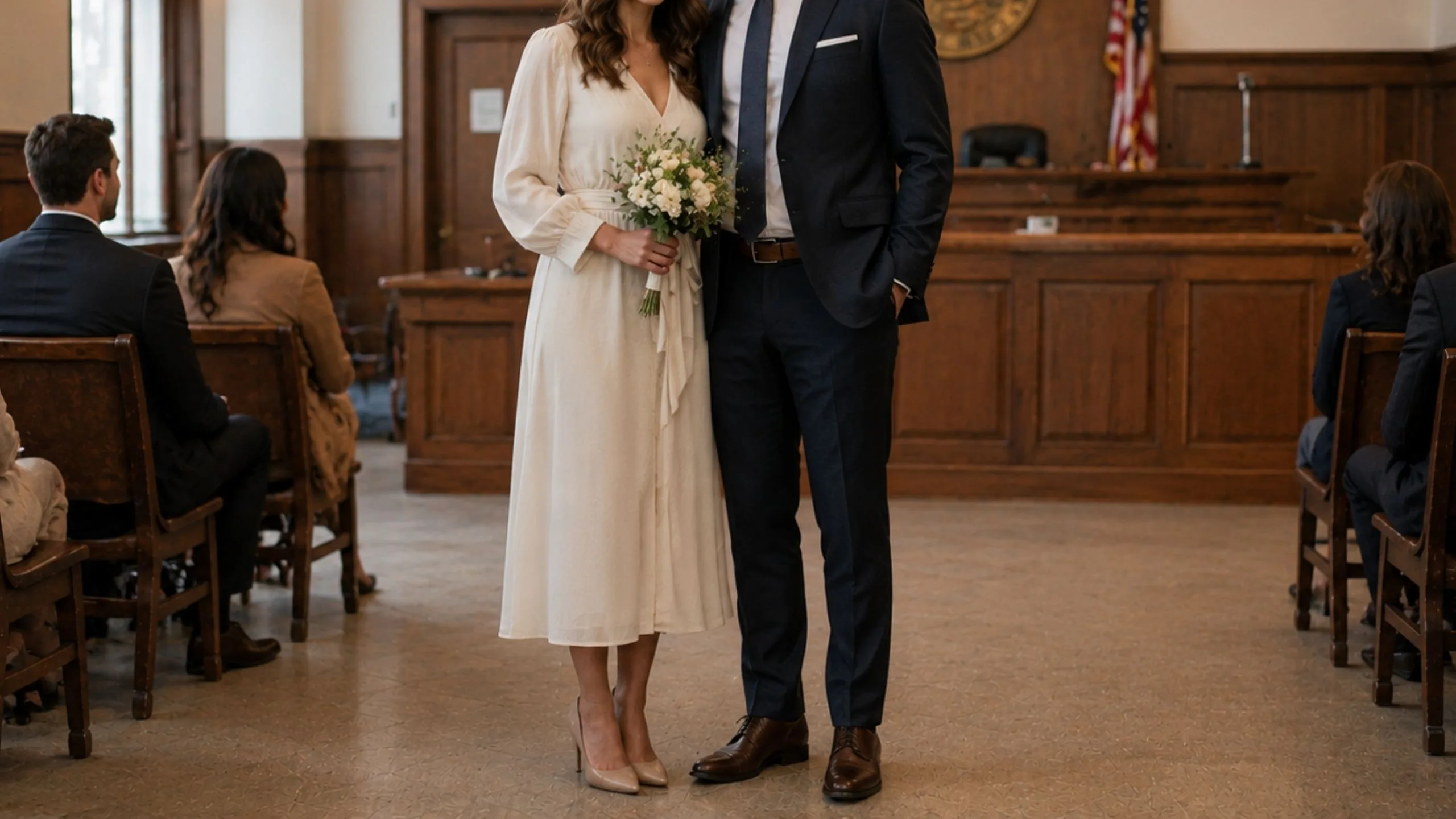 Couple standing together at a courthouse wedding while the bride holds a small bouquet.