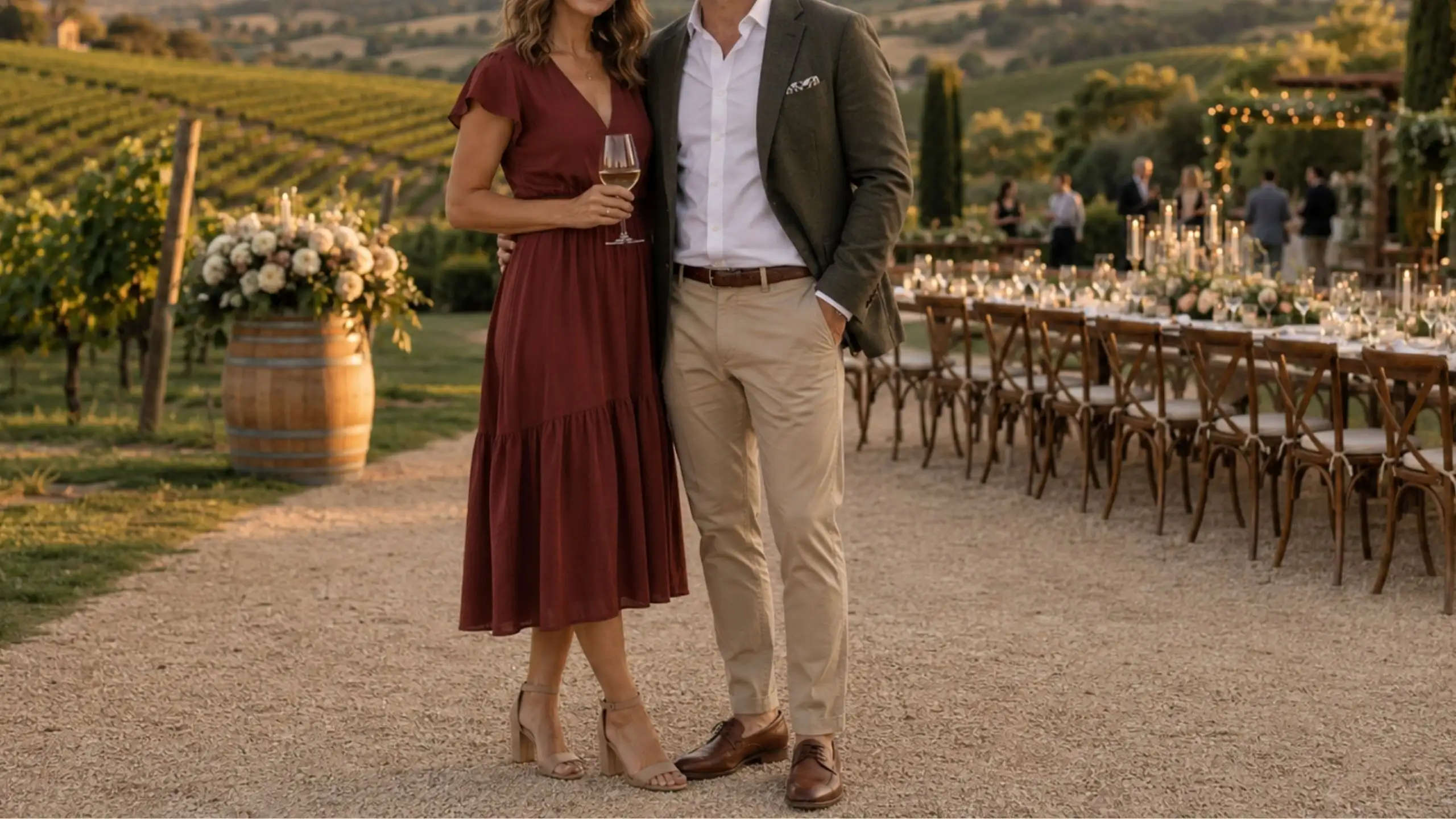 Couple standing together at a vineyard wedding reception with a long candlelit table behind them