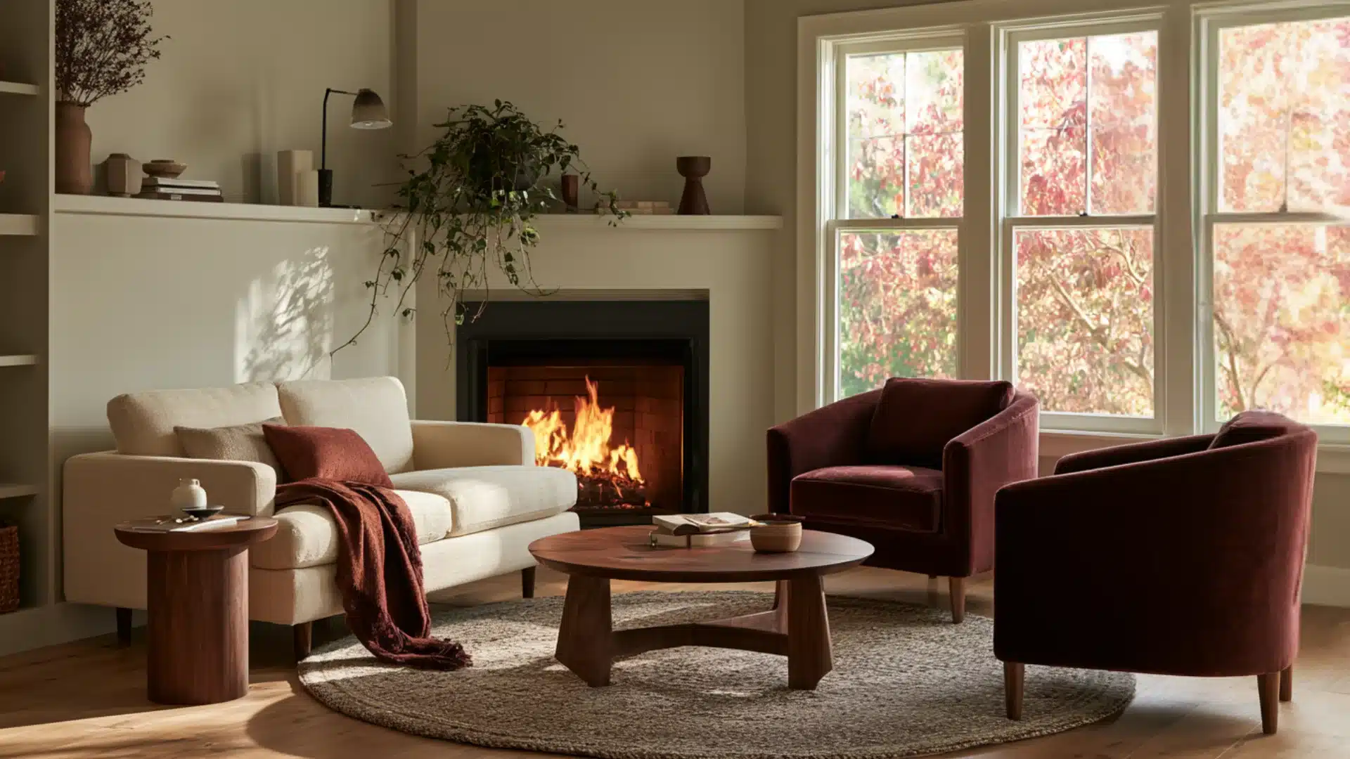 Cozy living room with a cream loveseat, two burgundy chairs, a round coffee table, and a glowing fireplace.