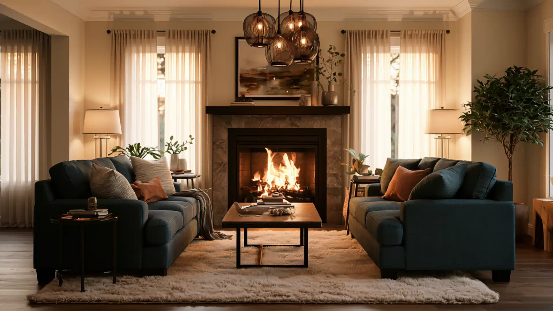 Cozy living room with two dark sofas, a glowing fireplace, soft lighting, plants, and a coffee table.
