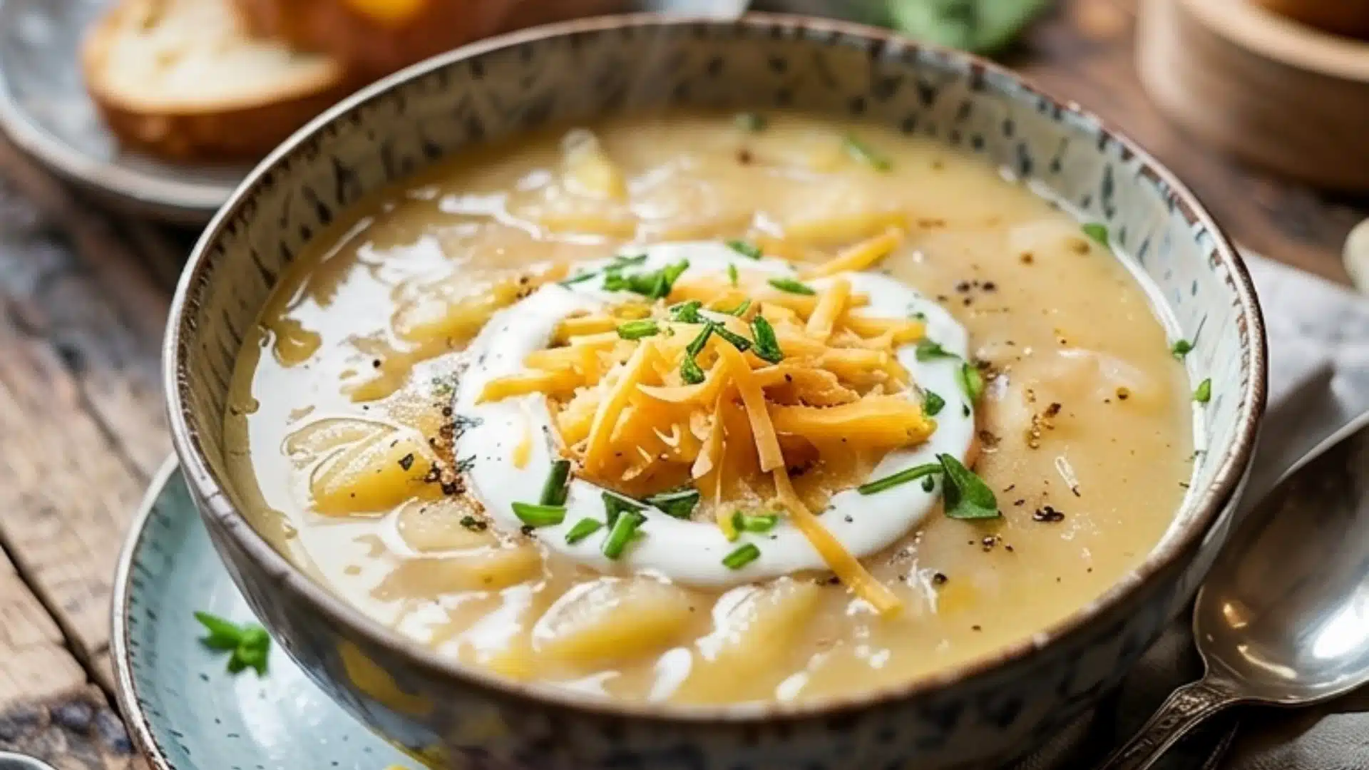 Creamy vegetarian potato soup topped with sour cream, shredded cheddar, chives, and black pepper.