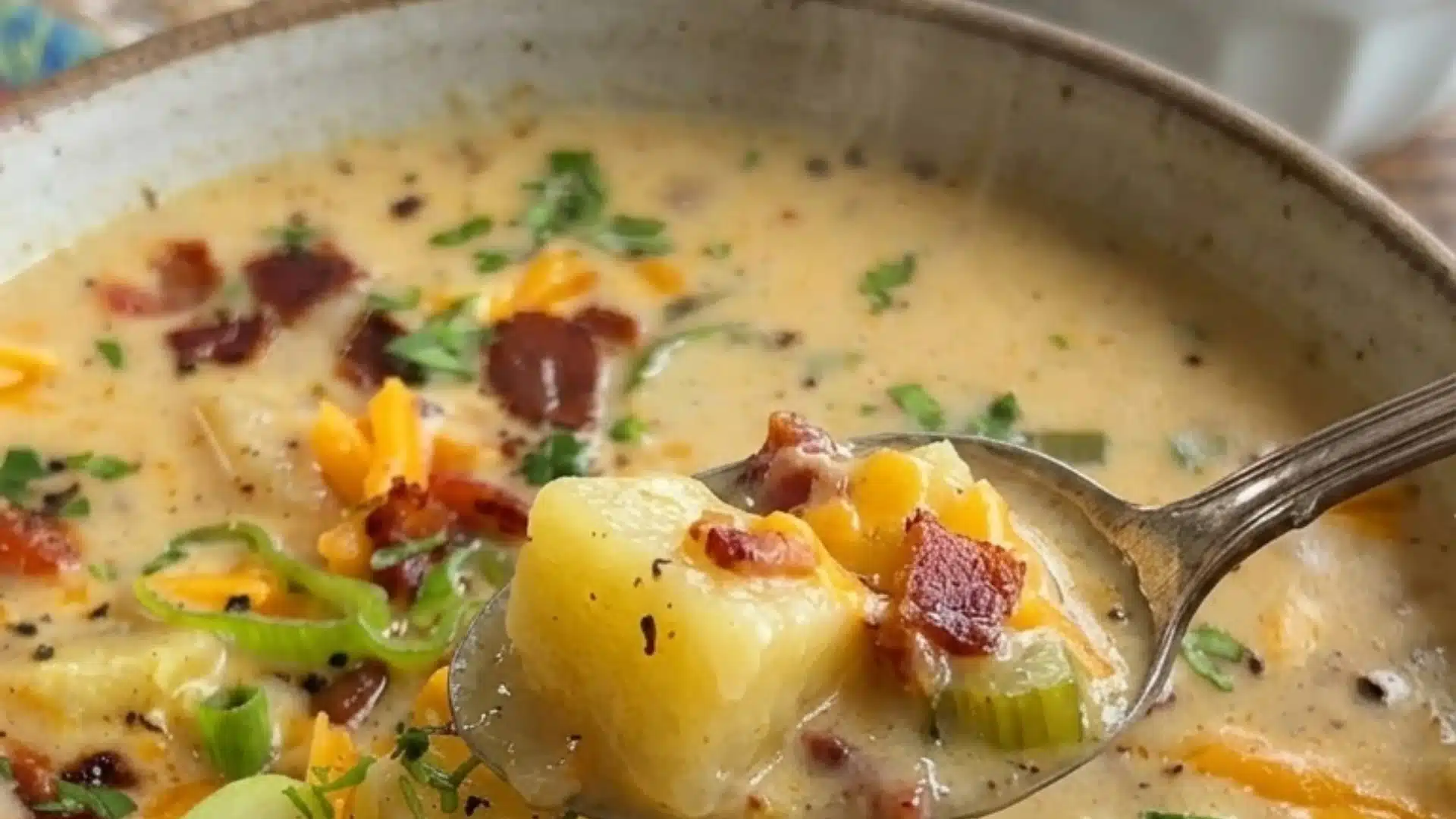 Chunky potato soup with bacon, cheddar, green onions, celery, and herbs, with a spoonful lifted above the bowl.