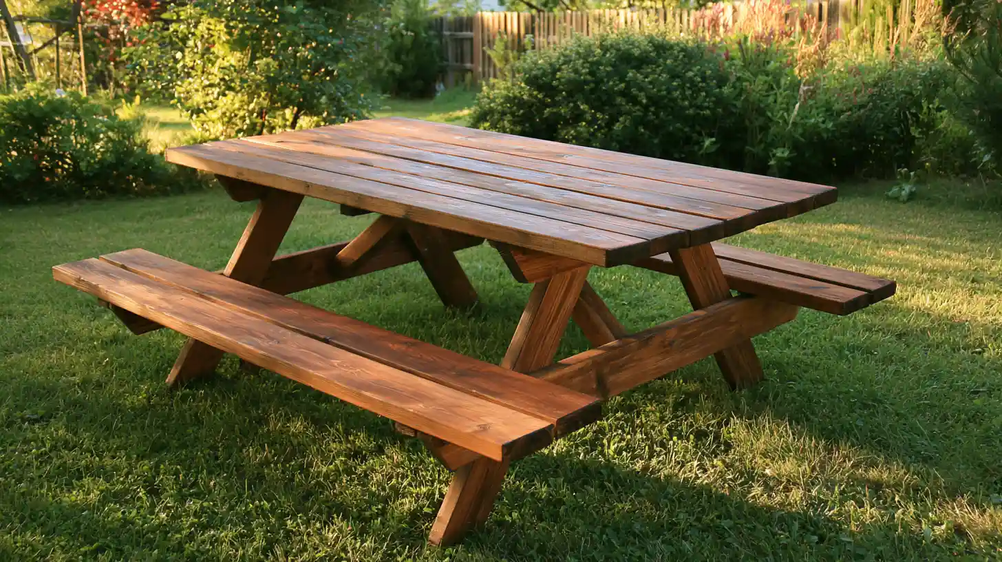 Dark stained wooden picnic table with attached benches on a green backyard lawn