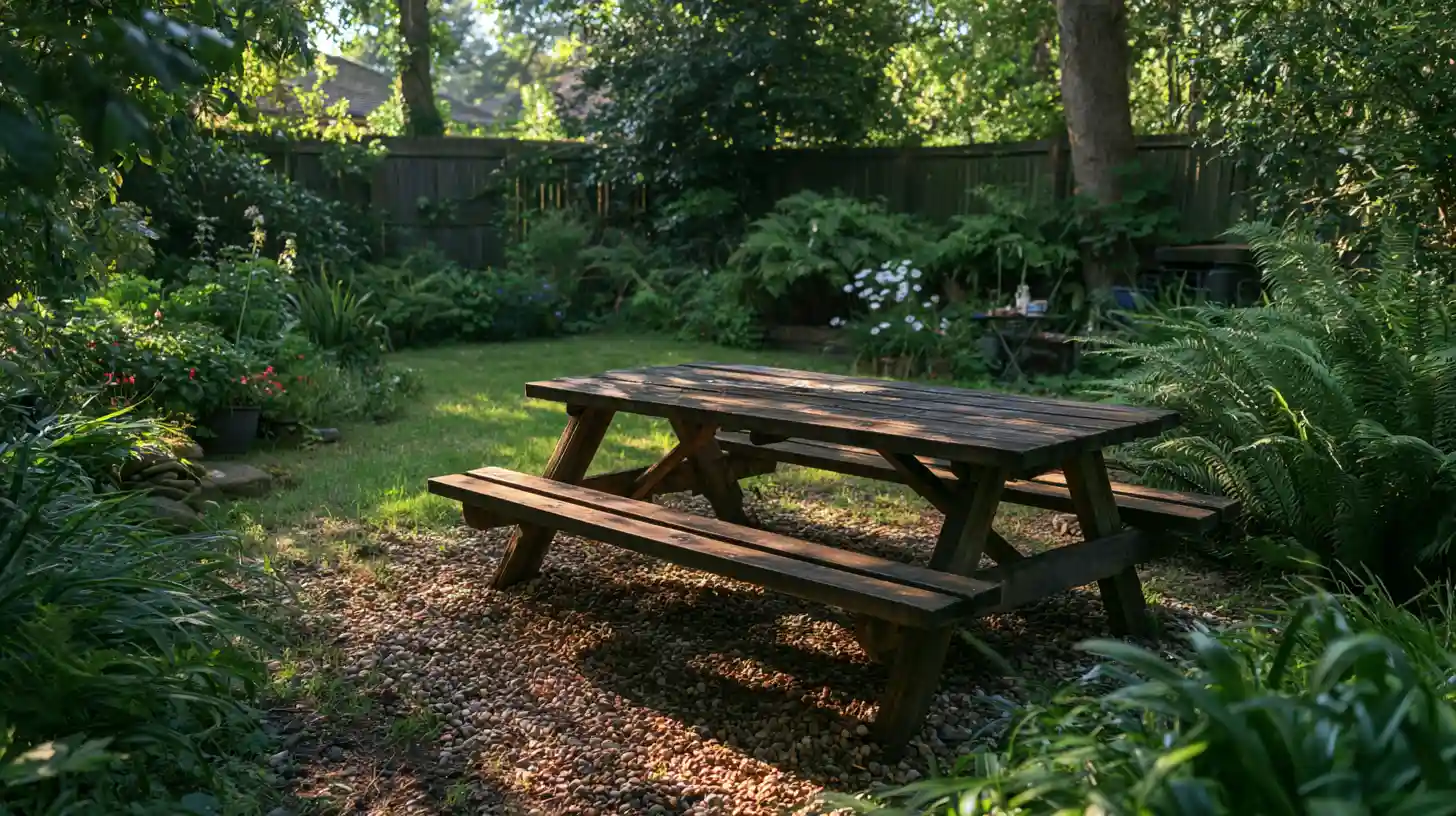 Dark wooden picnic table on a gravel patio surrounded by lush garden plants