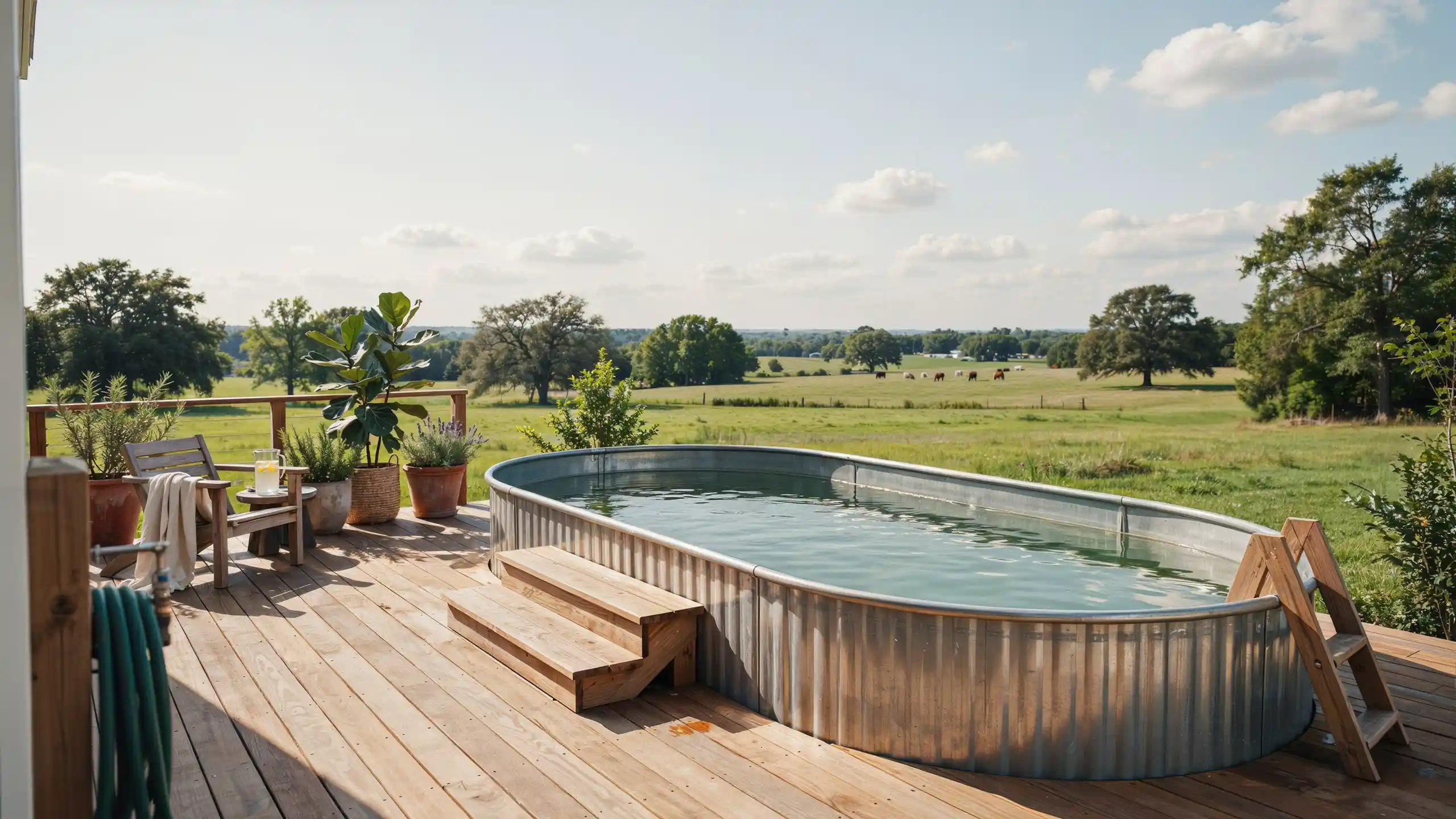 Oval stock tank pool on a wooden deck overlooking open countryside with steps seating and scenic views