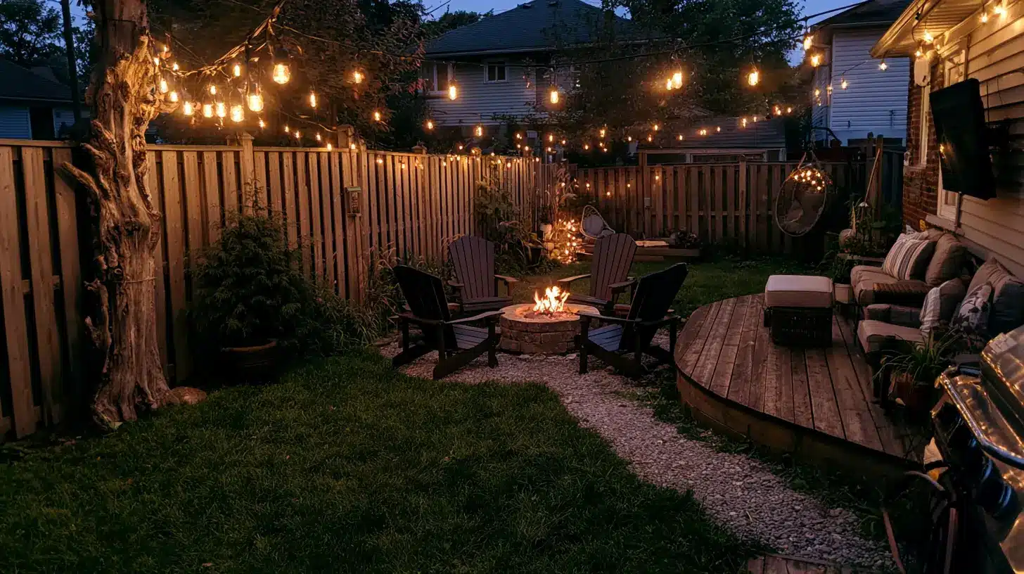 Backyard with a fire pit outdoor seating string lights and garden features