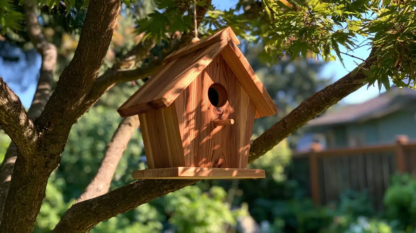 Natural cedar birdhouse with a pitched roof and wooden perch resting securely between tree branches