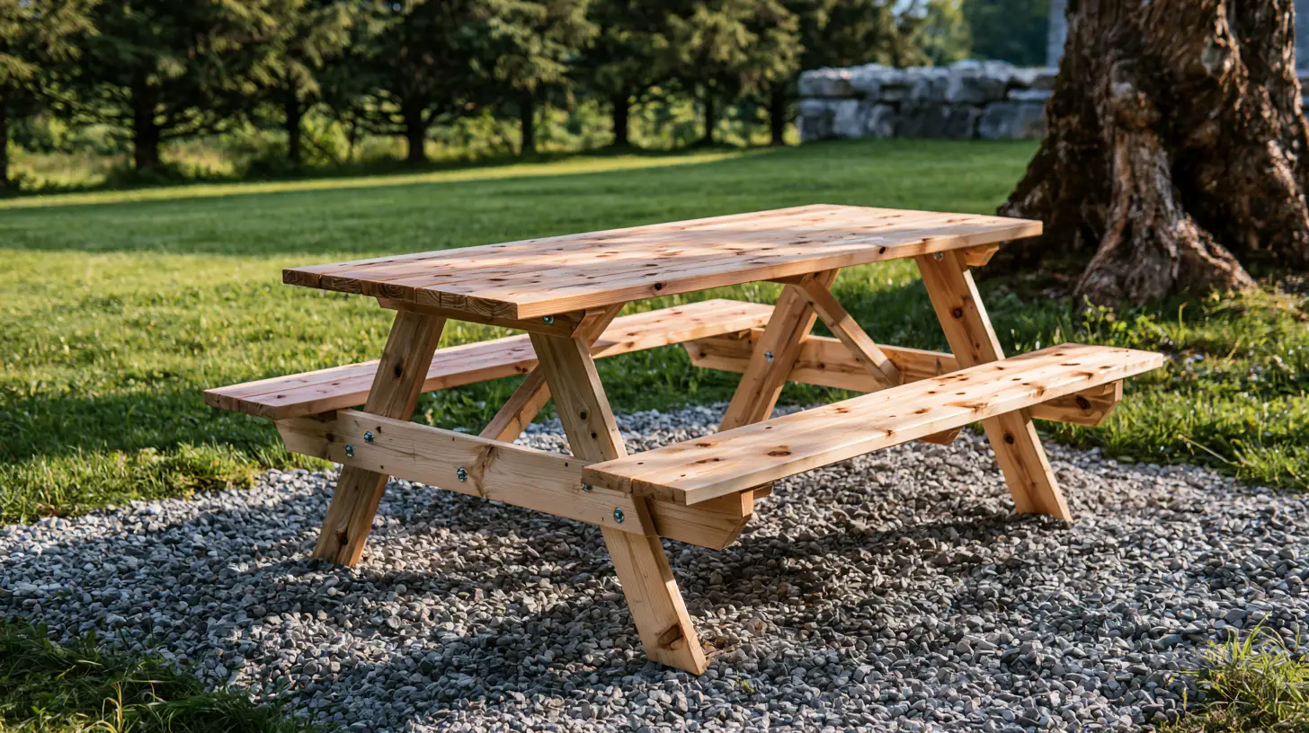 DIY wooden picnic table with attached benches placed in a backyard