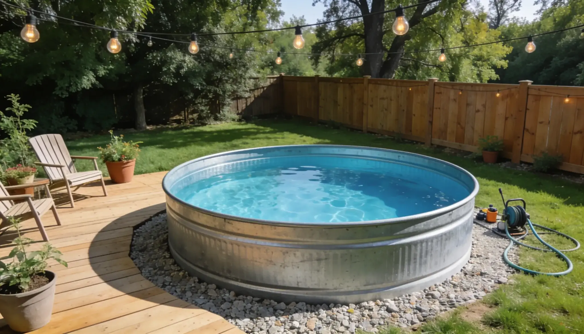 diy stock tank pool in a backyard with clear water and wooden deck