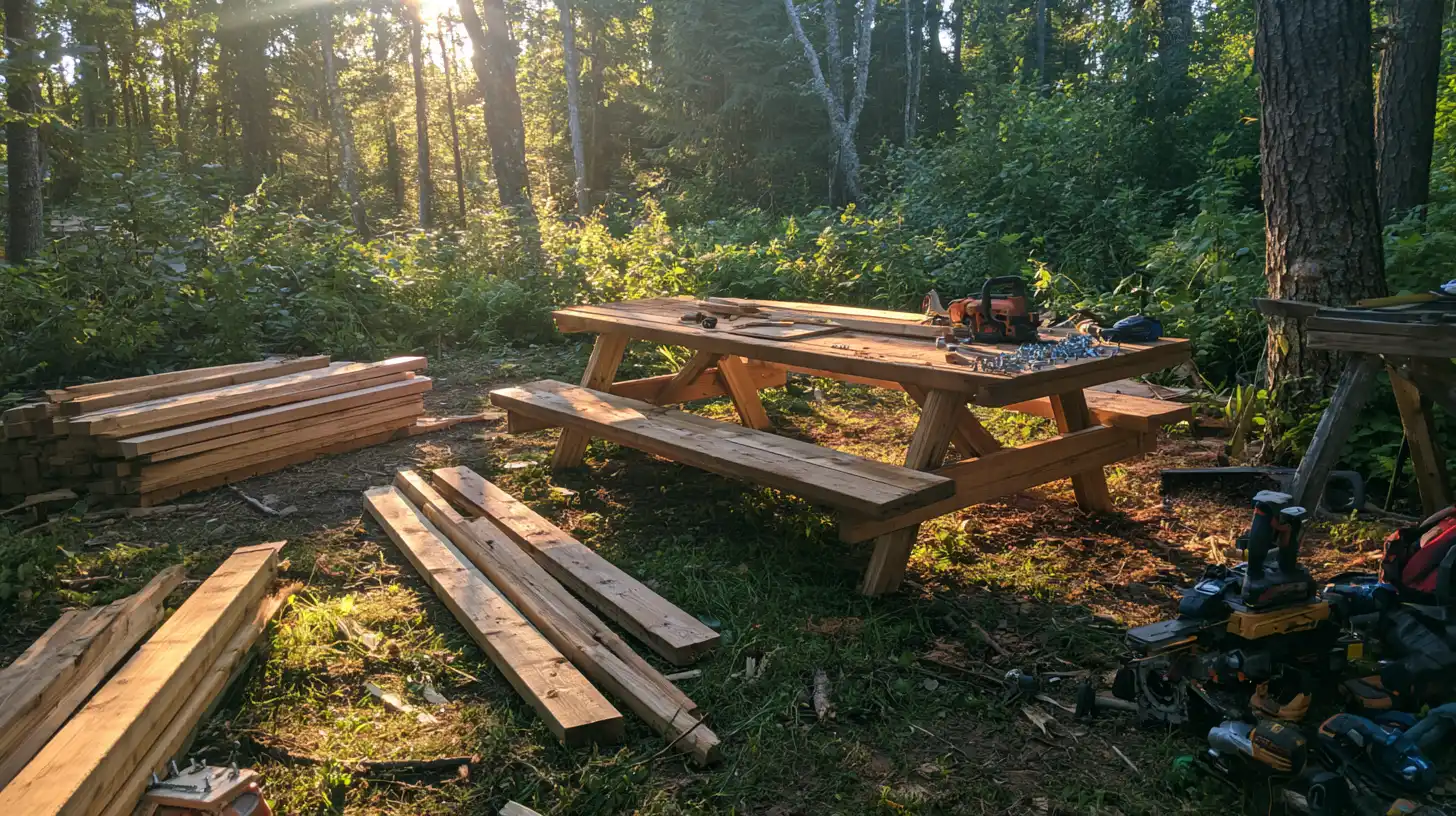 DIY wooden picnic table under construction outdoors, surrounded by lumber and power tools in a wooded area.