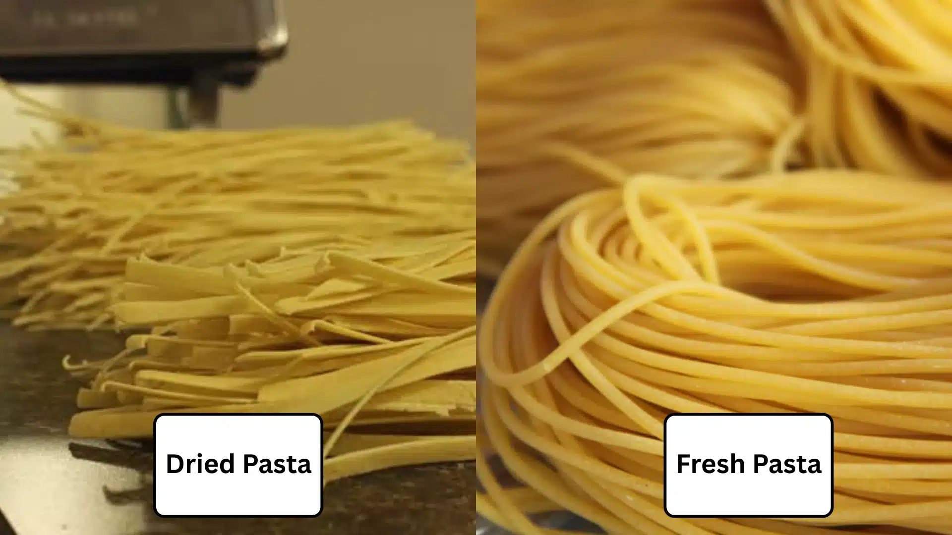 Dried pasta strips beside fresh pasta nests showing texture and appearance differences