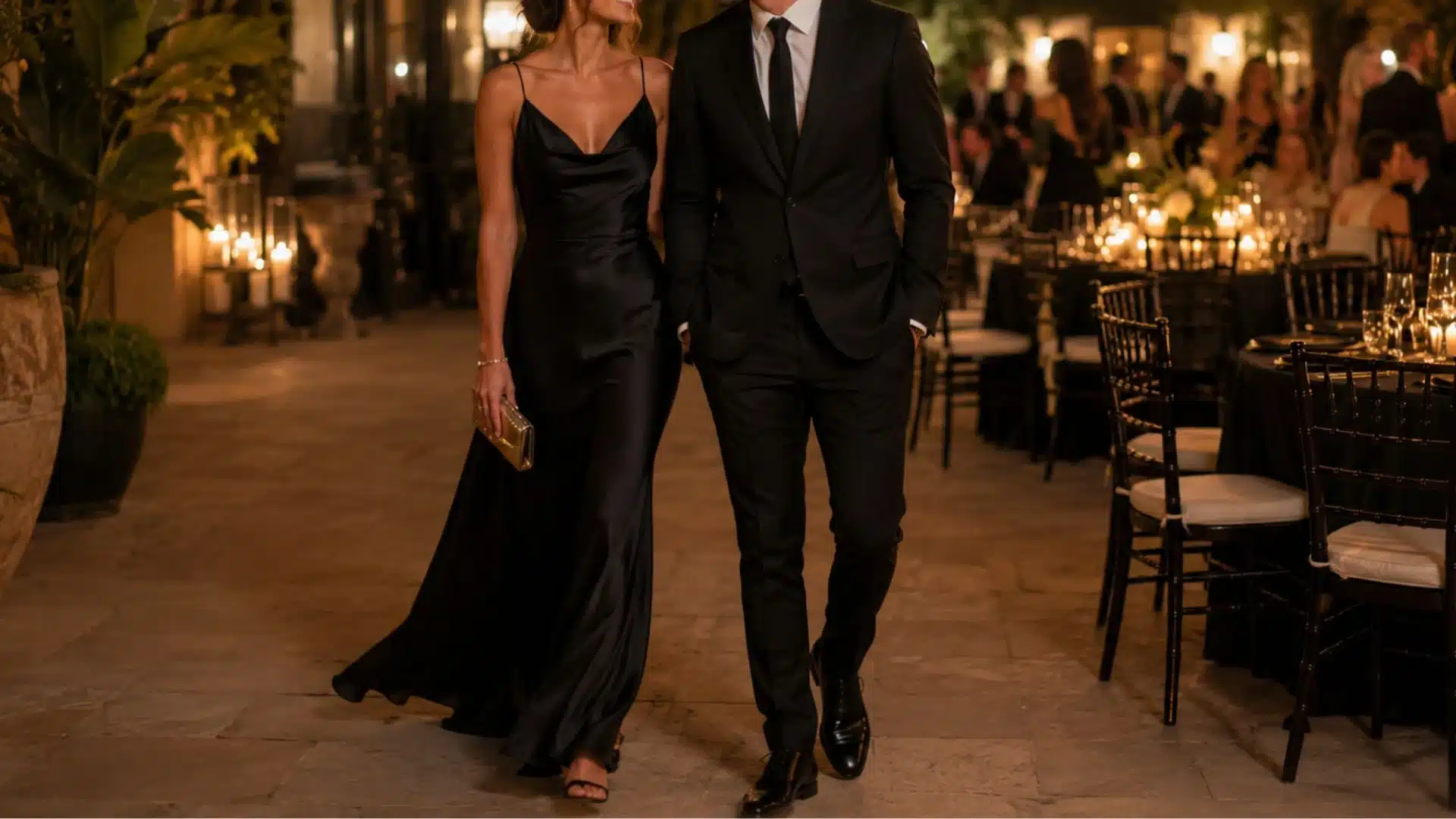 A couple dressed in formal evening wear, a woman in a black silk gown and a man in a tailored black suit, walks together outdoors at night near an illuminated outdoor reception.