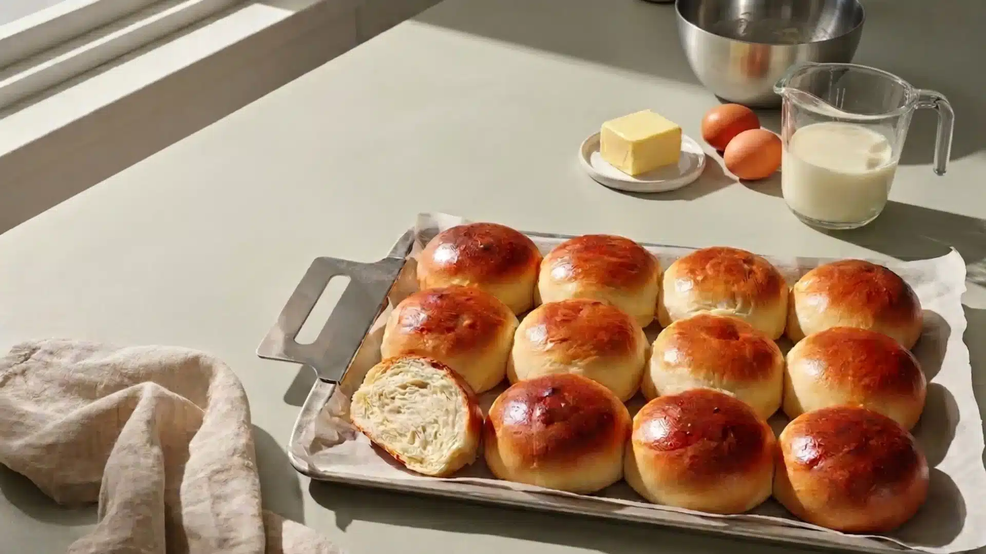 freshly baked golden brioche buns on a tray with flour butter eggs milk and baking tools arranged nearby