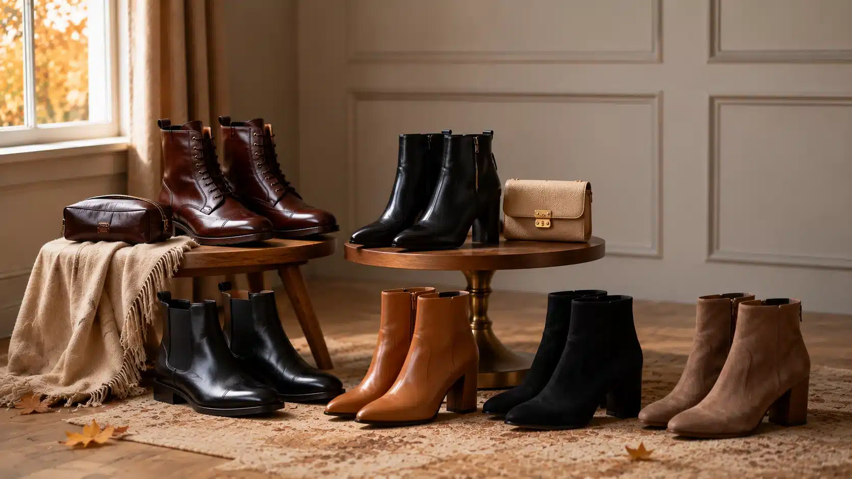 A collection of stylish leather and suede boots and handbags displayed on wooden tables and a rug in a sunlit room.