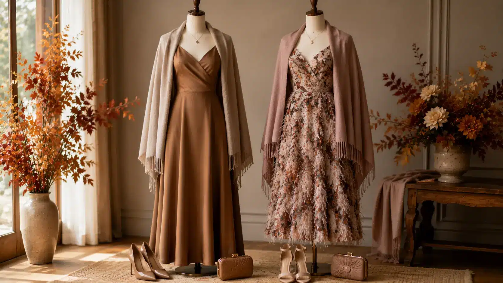 Two mannequins display autumn-themed dresses with matching shawls, one in solid brown satin and the other in a floral print, paired with heels and clutches against a backdrop of fall foliage.