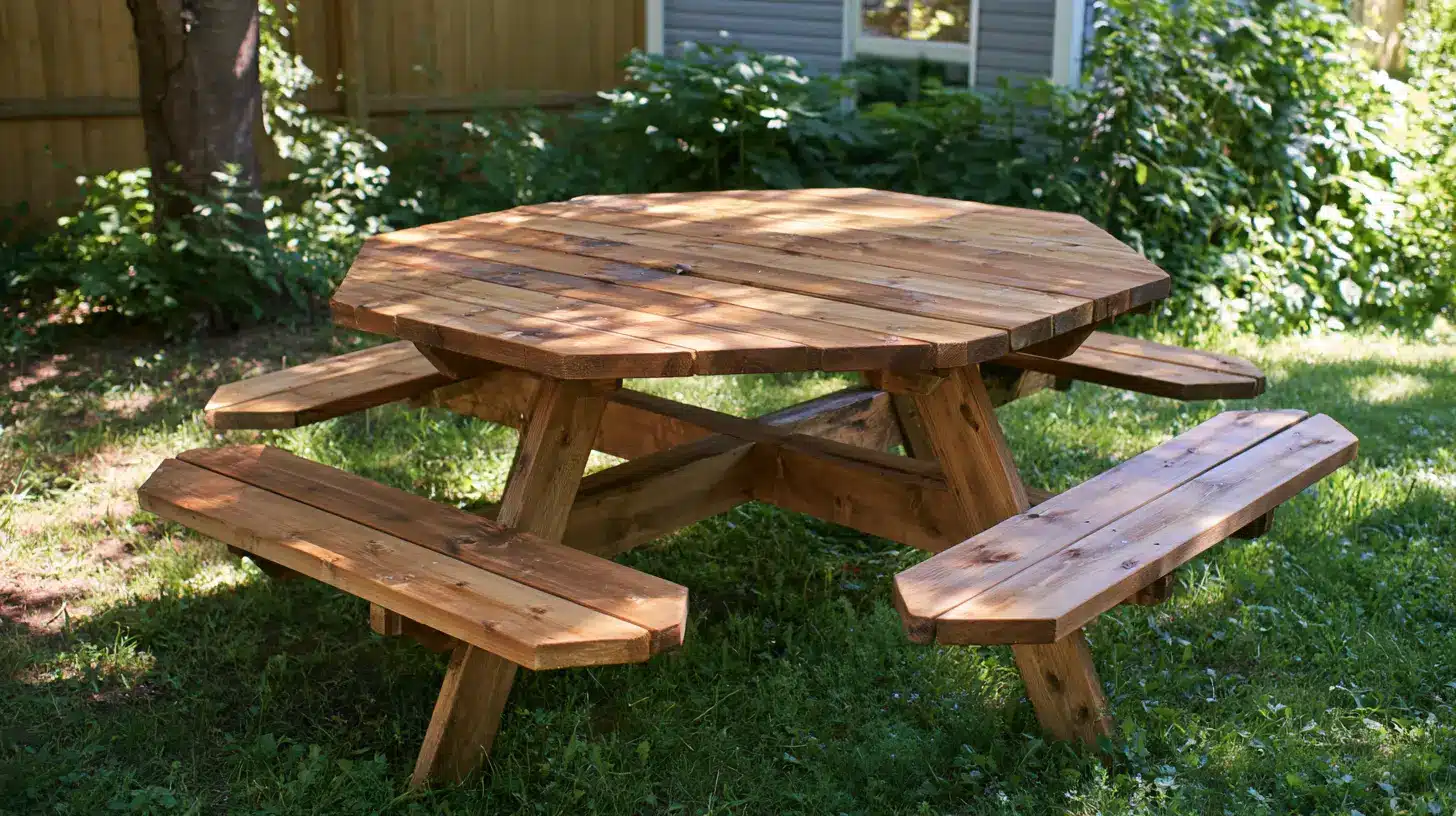 Hexagon wooden picnic table with wraparound benches in a shaded backyard