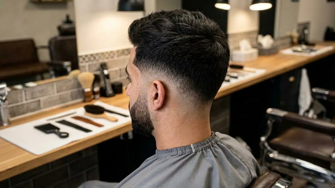High taper fade with a beard blend, featuring a smooth transition from the fade into a neatly trimmed beard.
