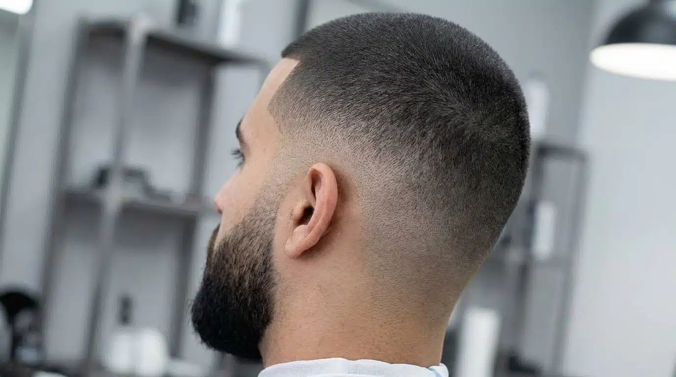 High taper fade with a buzz cut, featuring a sharp fade and evenly trimmed hair.