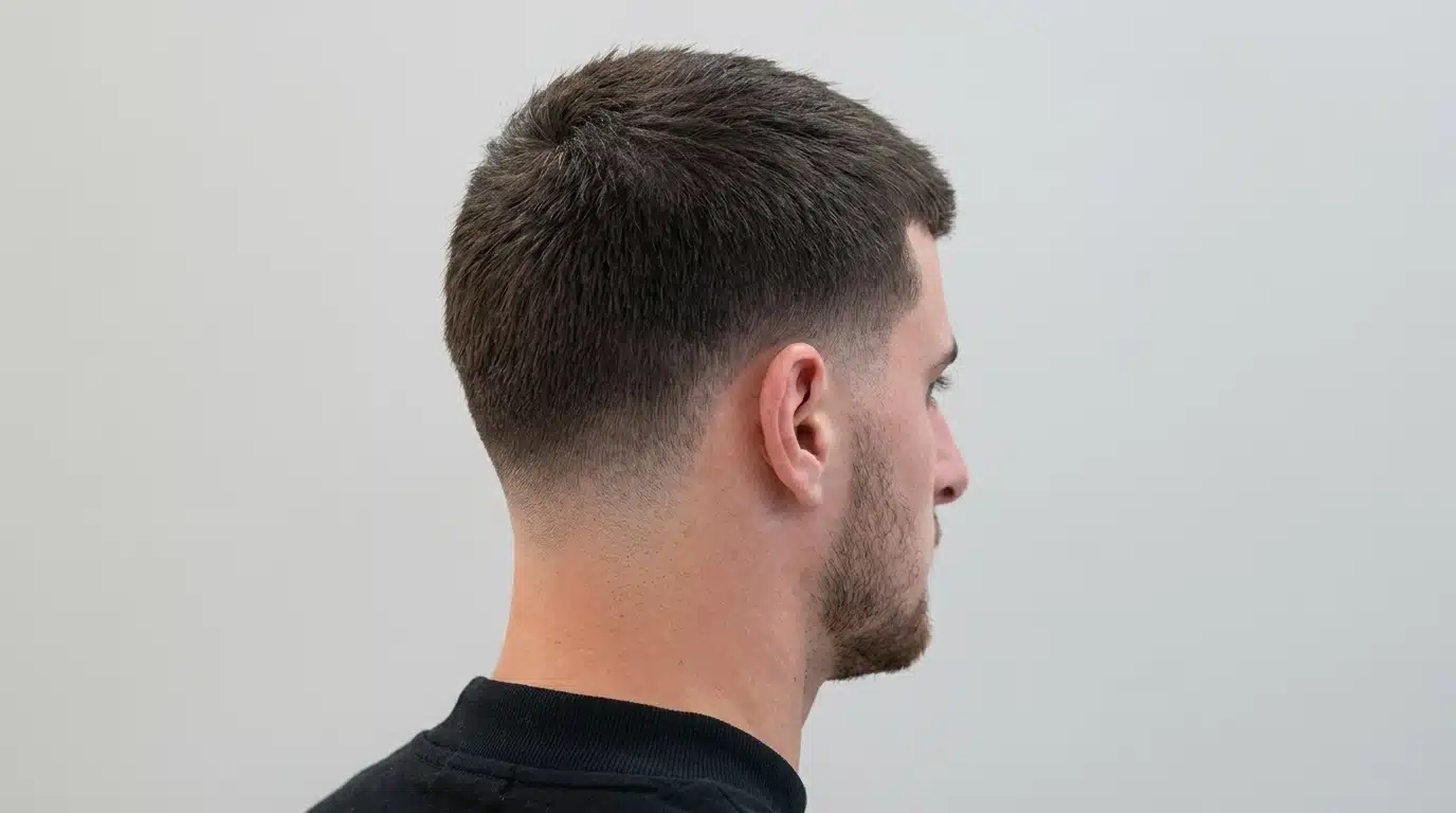 High taper fade with a classic crew cut, featuring short textured hair on top and a smooth tapered fade around the sides and back.
