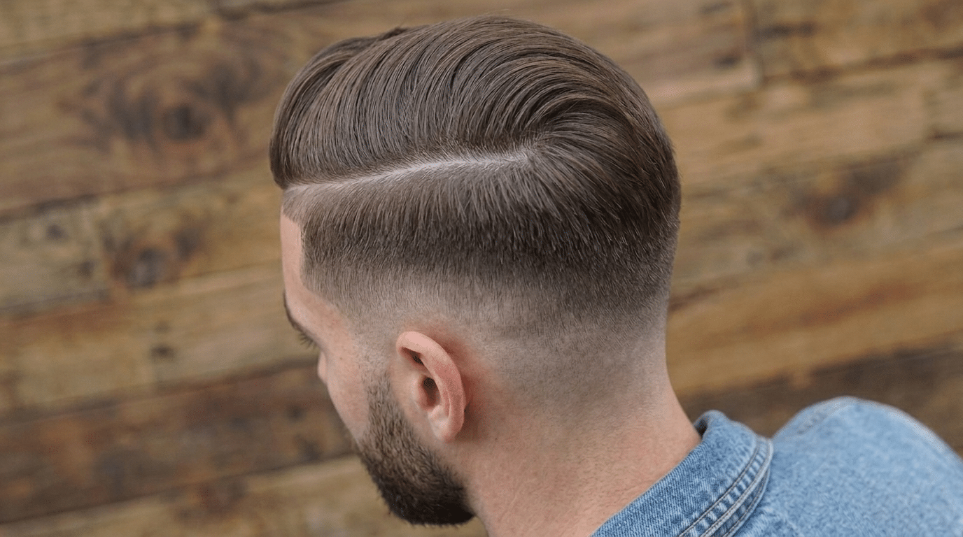 High taper fade with a clean side part, featuring a smooth blend and neatly combed top.