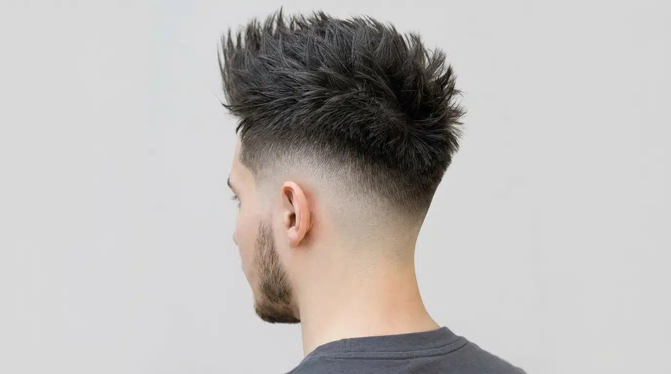 High taper fade with a faux hawk, featuring spiky textured hair on top and a clean tapered fade on the sides and back.