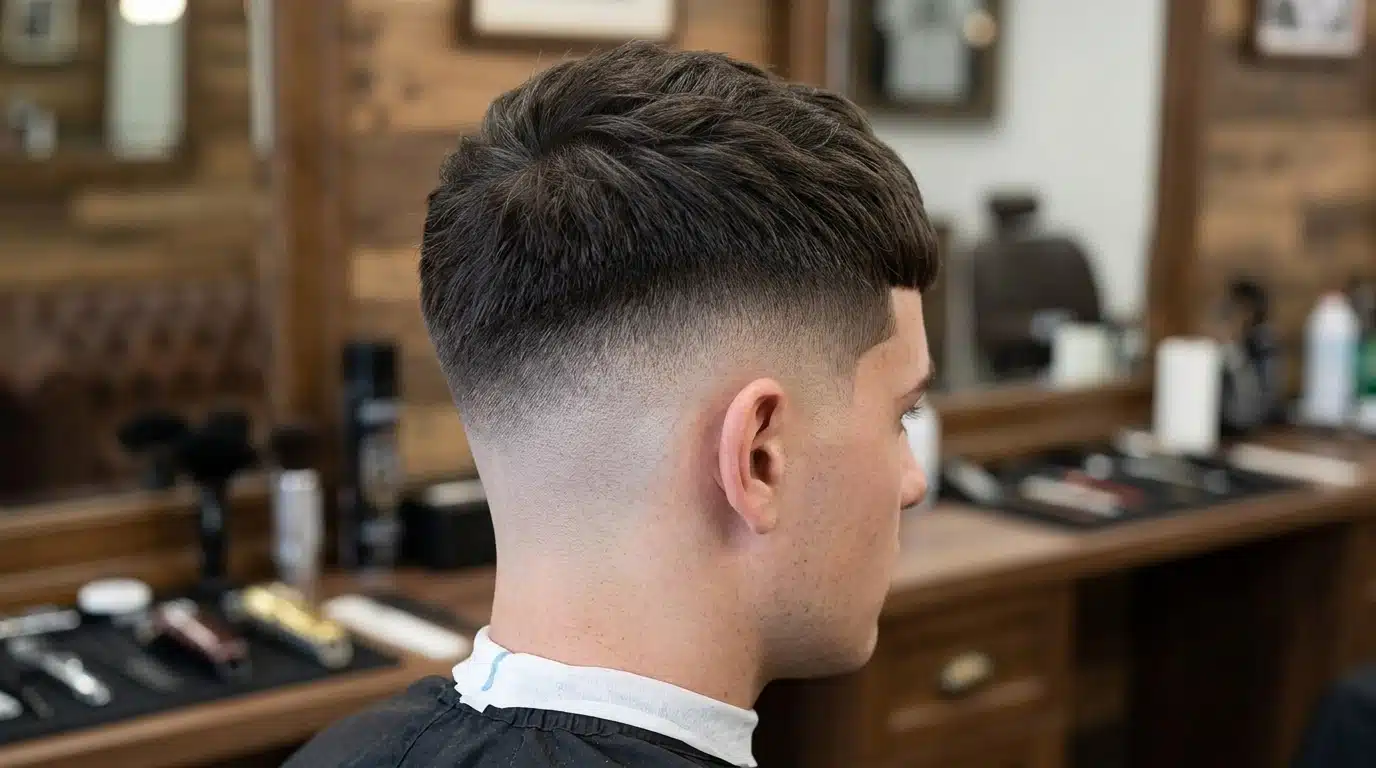 High taper fade with a French crop, featuring a textured top, short fringe, and a clean tapered fade around the sides and back.