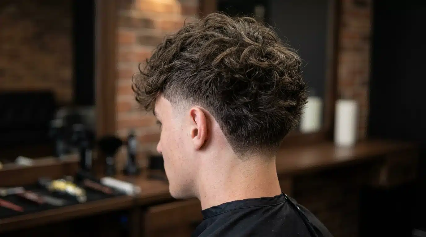 High taper fade with a long textured top, featuring natural volume and a clean tapered fade around the sides and back.