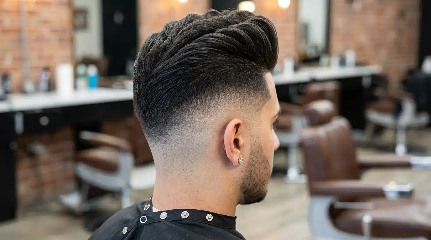High taper fade with a sleek pompadour, featuring a sharp blend and voluminous top.