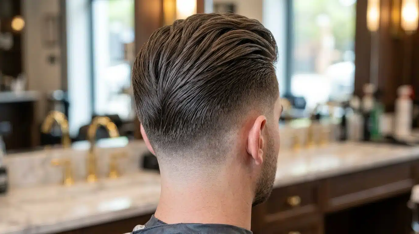 High taper fade with a slick back, featuring a smooth blend and neatly combed-back hair.
