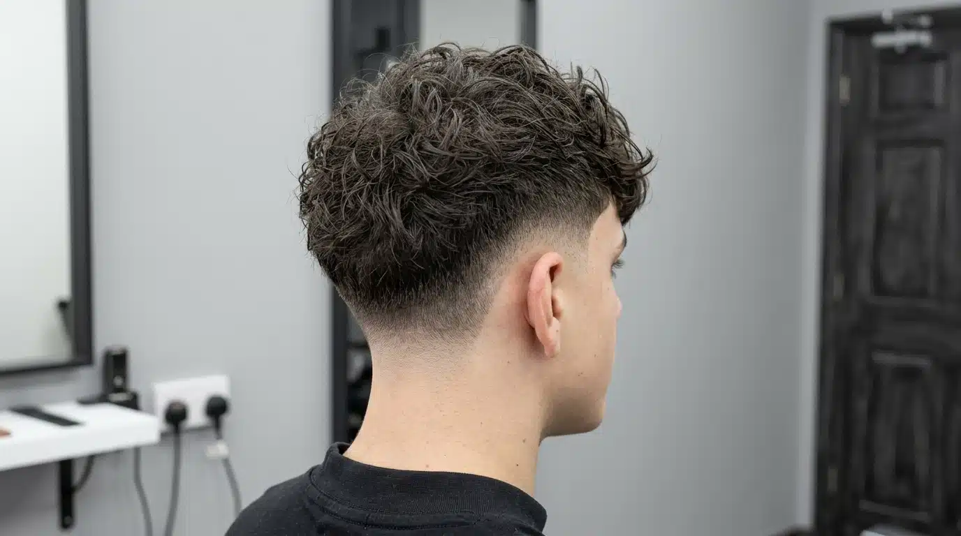 High taper fade with a textured curly crop, featuring a clean blend on the sides and added volume on top.