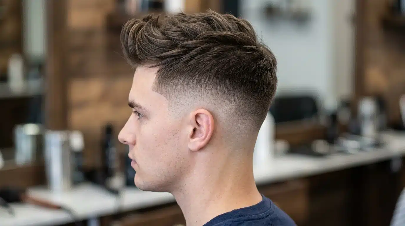 High taper fade with a textured quiff, featuring short faded sides and lifted volume on top.