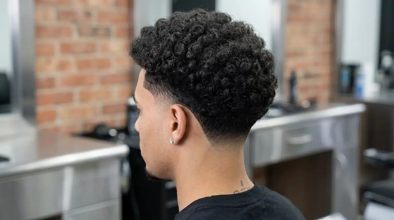 High taper fade with natural curly hair, featuring defined curls and a clean tapered fade.