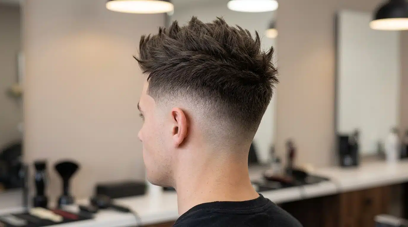 High taper fade with spiky hair, featuring textured spikes on top and a clean tapered fade around the sides and back.