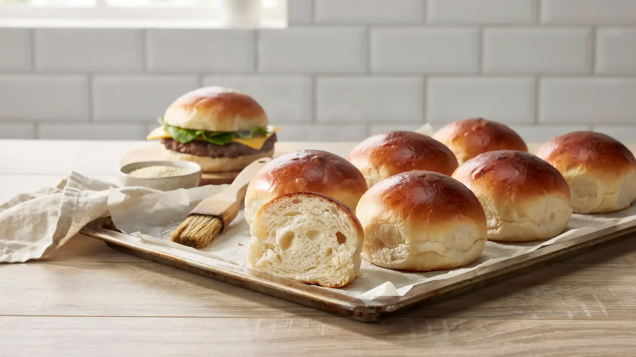 freshly baked golden brioche buns on a tray with one sliced open to show the soft airy crumb