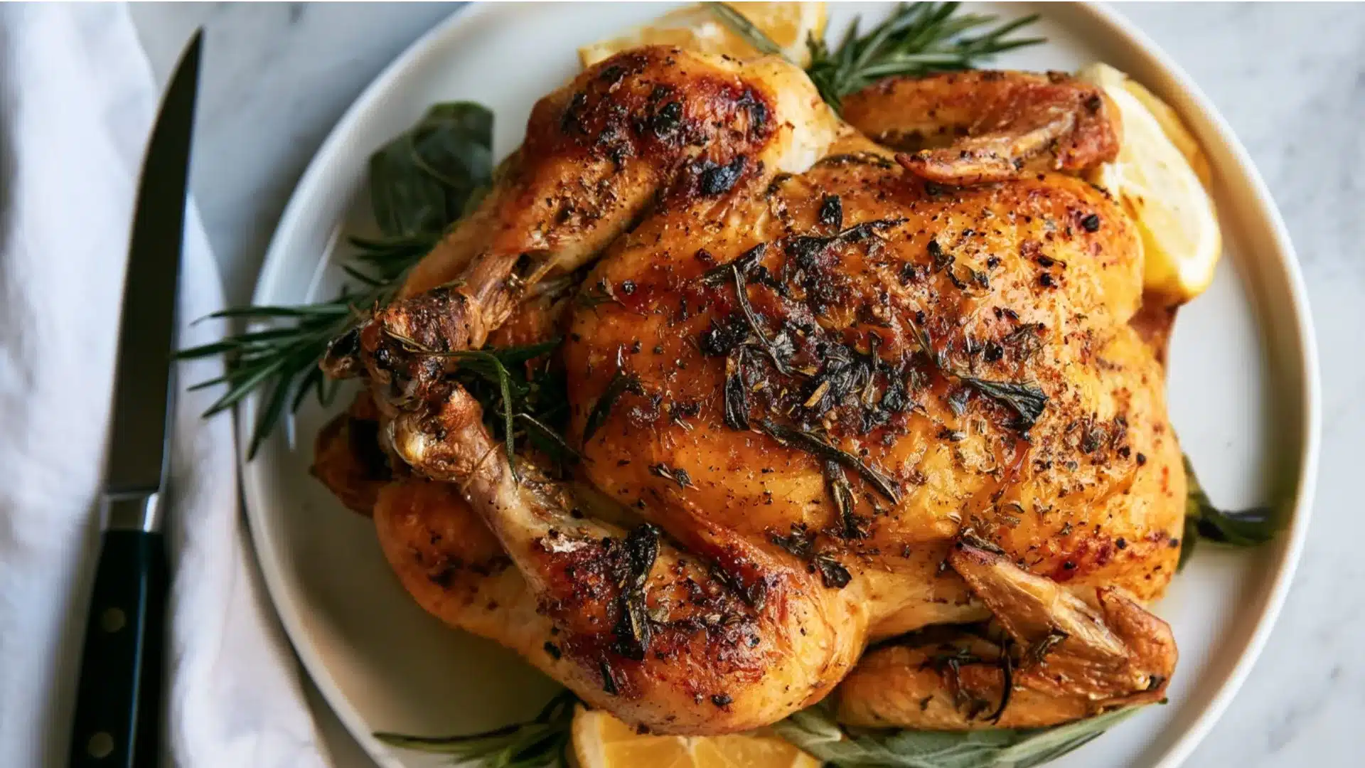 A roasted chicken garnished with fresh rosemary and lemon slices, presented on a white plate.