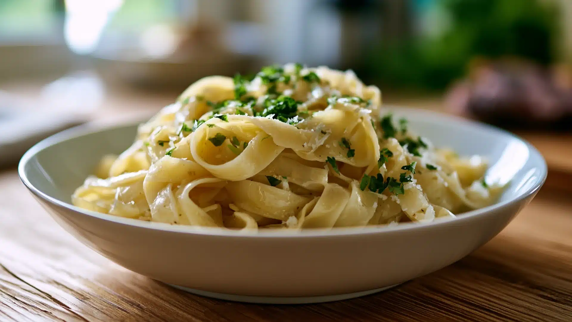 Close-up shot of pasta in a white bowl, garnished with grated cheese and chopped parsley on a wooden table.