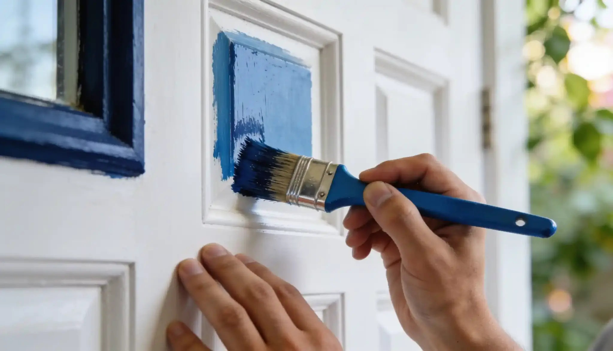 Hand paints a white door panel blue with a paintbrush.