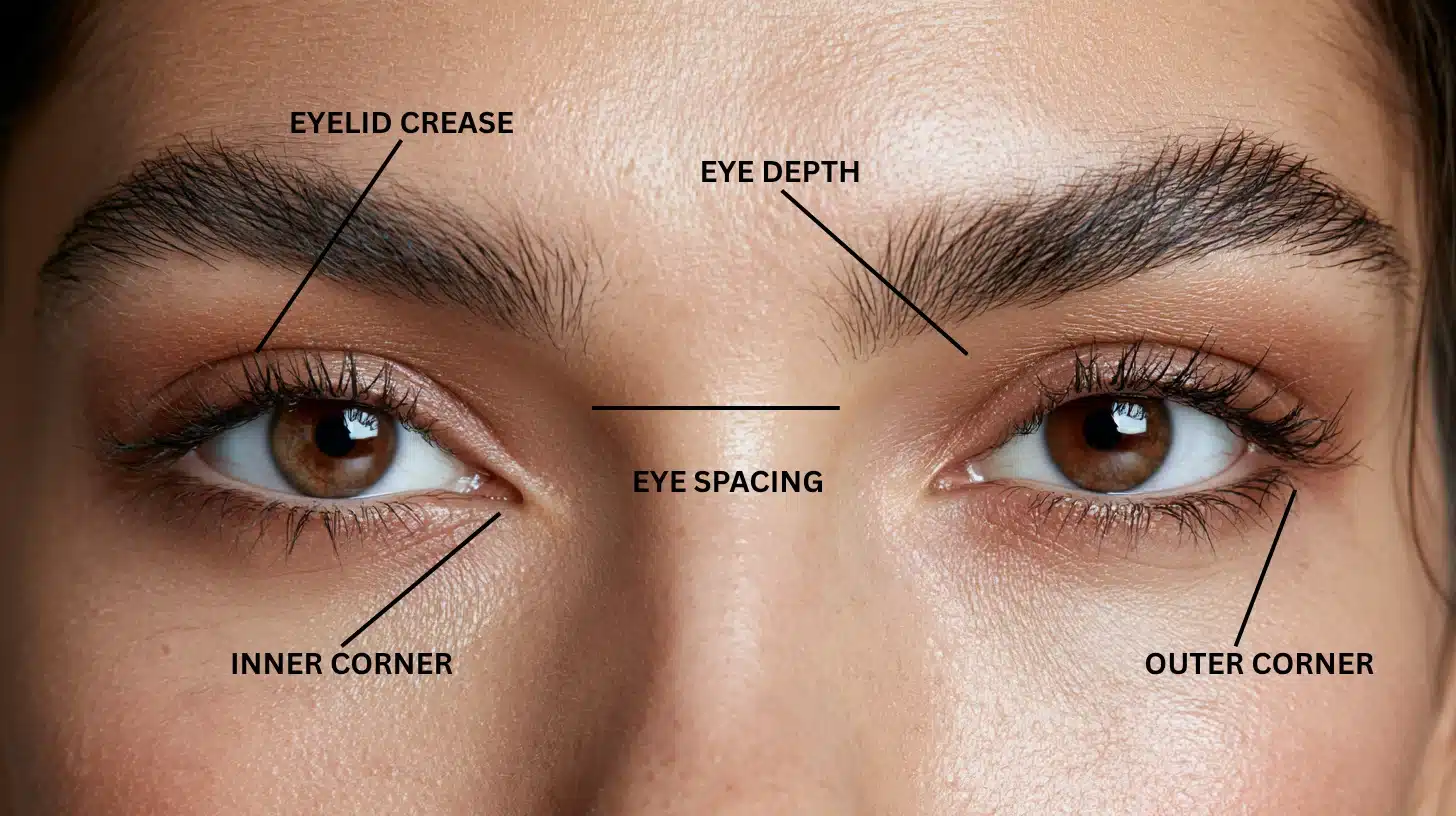 Illustrating elements that define eye shapes and their ideal placement on the face for optimal aesthetics.