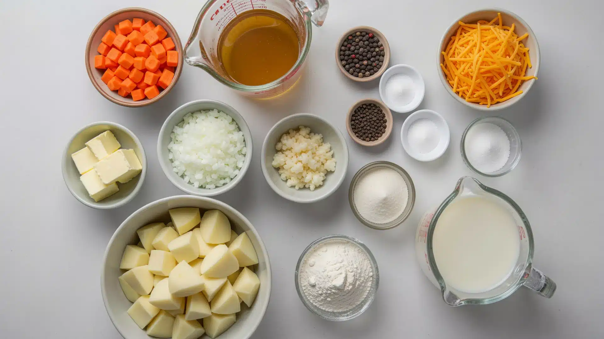 A flat lay of cheese, onions, pastry, and seasonings, prepared for making a potato soup on a kitchen table.