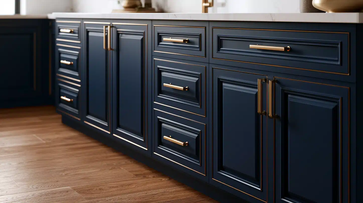 A modern kitchen featuring dark blue cabinets complemented by elegant gold hardware.