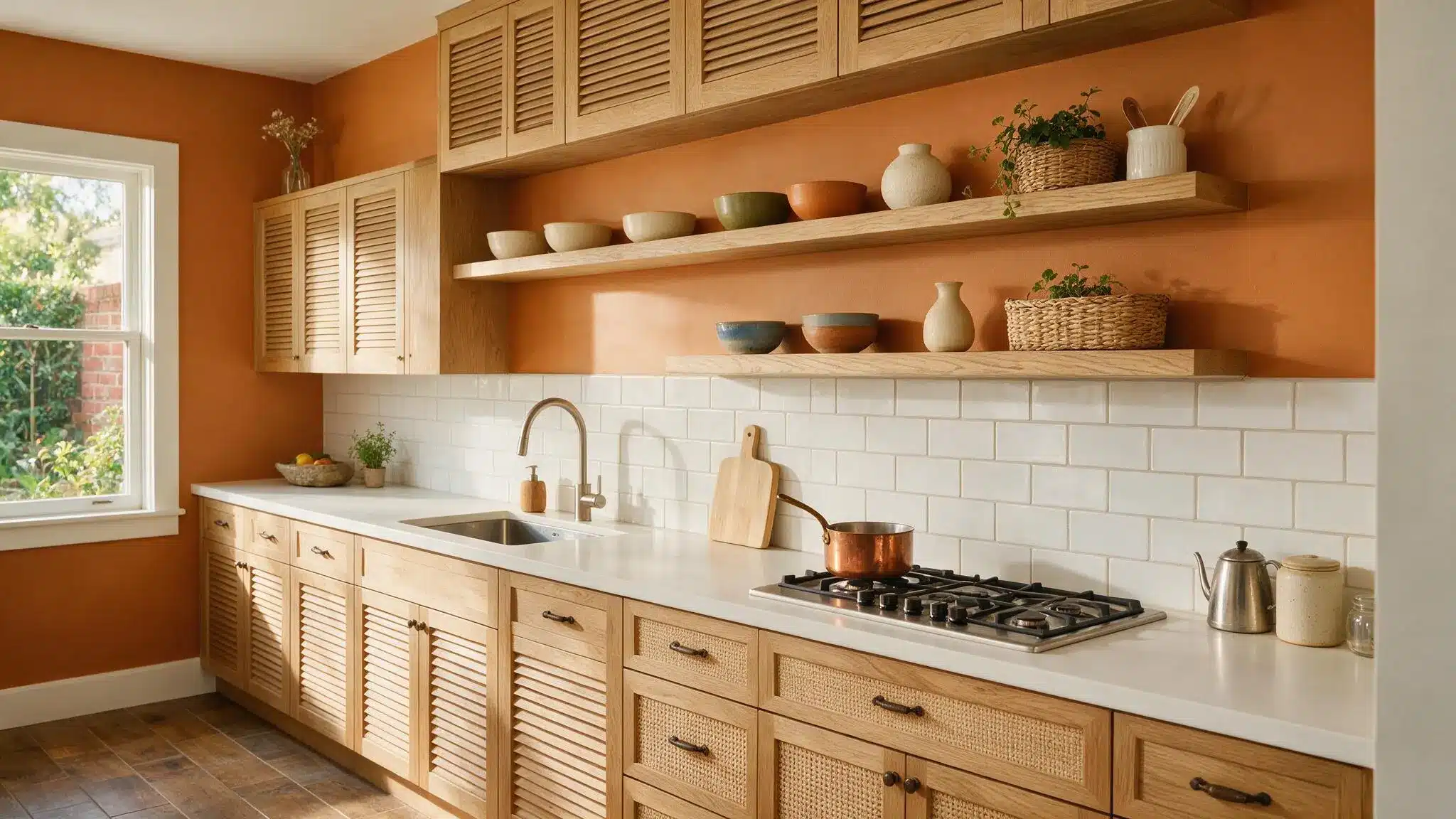 Kitchen featuring arched wooden cabinet doors against vibrant orange walls, showcasing a warm and inviting atmosphere.