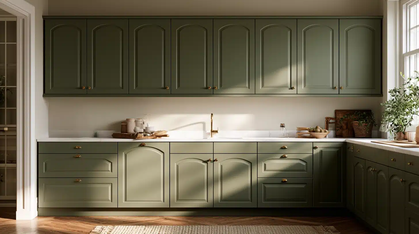 Kitchen featuring green cabinets with arched doors and a white sink, creating a modern and elegant design.