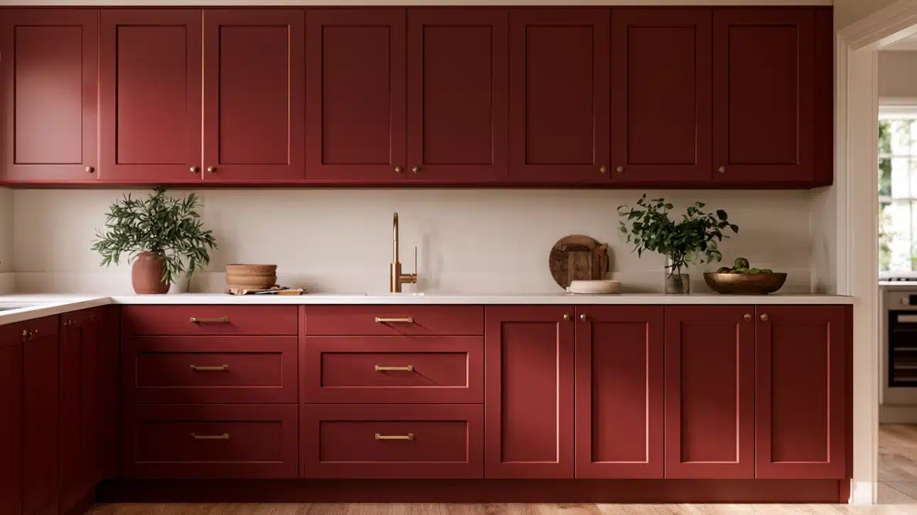 Kitchen featuring white cabinets and unique painted cabinet doors in an unexpected color, complemented by wooden floors.