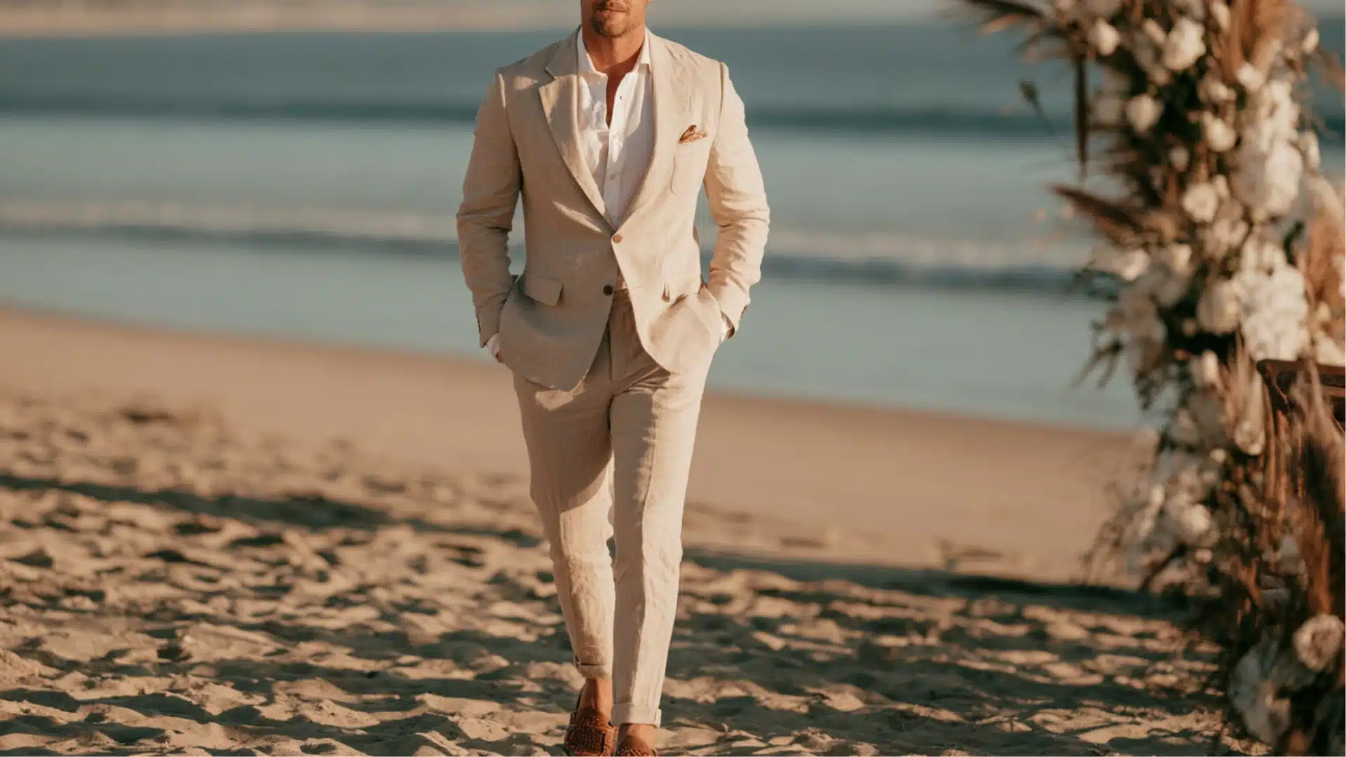 man wearing a beige linen suit with loafers walking on a sandy beach at an elegant seaside wedding ceremony
