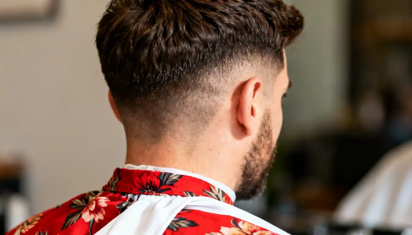 Side view of a mid fade haircut with a clean gradual fade and textured hair