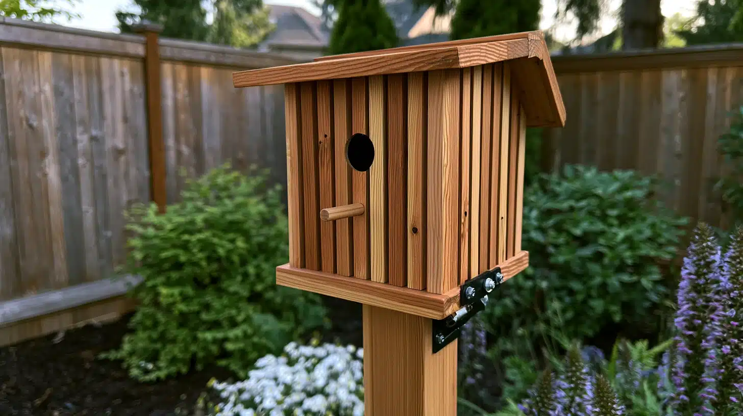 Modern cedar birdhouse covered in narrow vertical wooden slats with a flat overhanging roof.