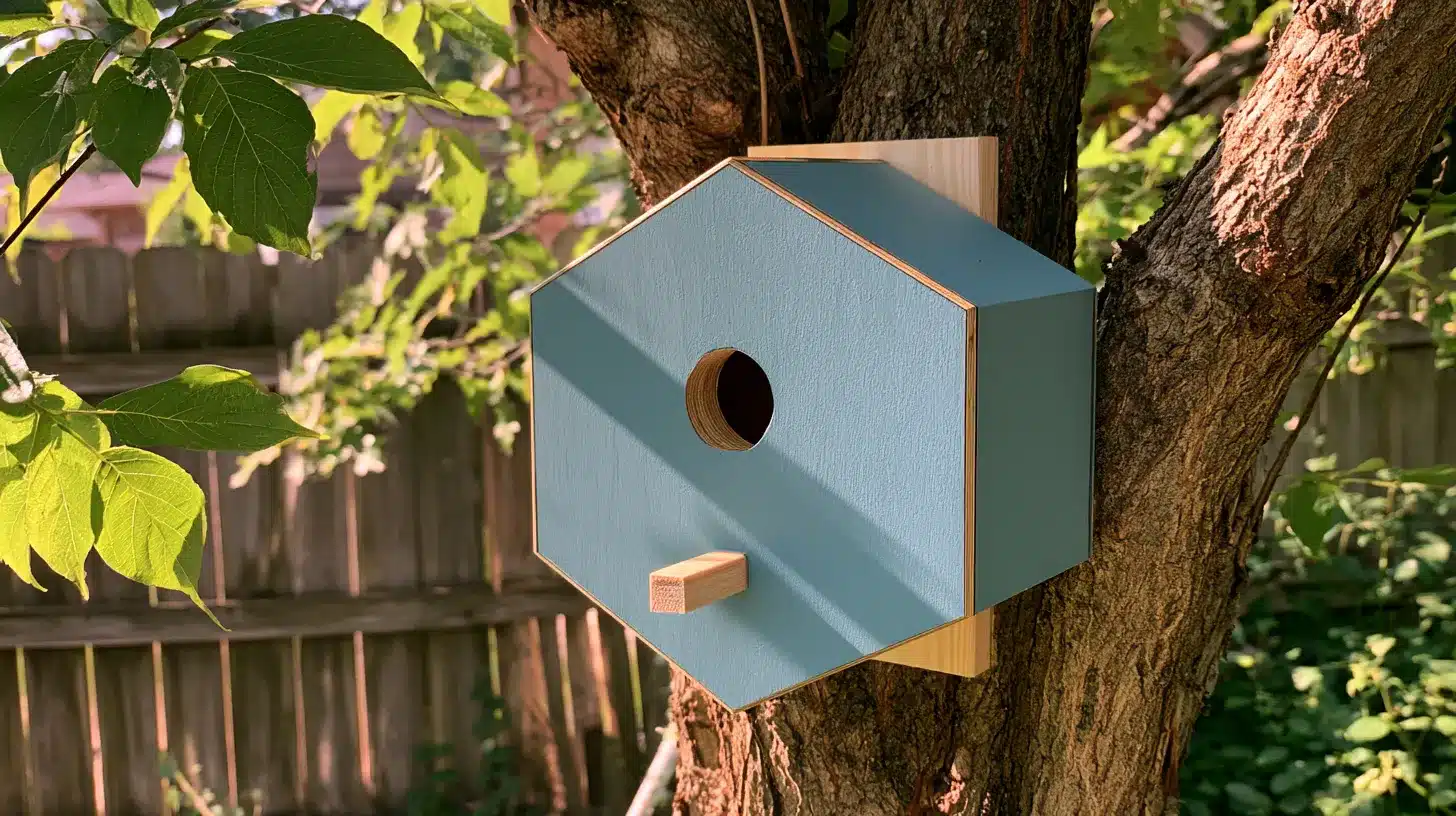 Modern geometric plywood birdhouse painted muted blue and mounted securely against a tree trunk.