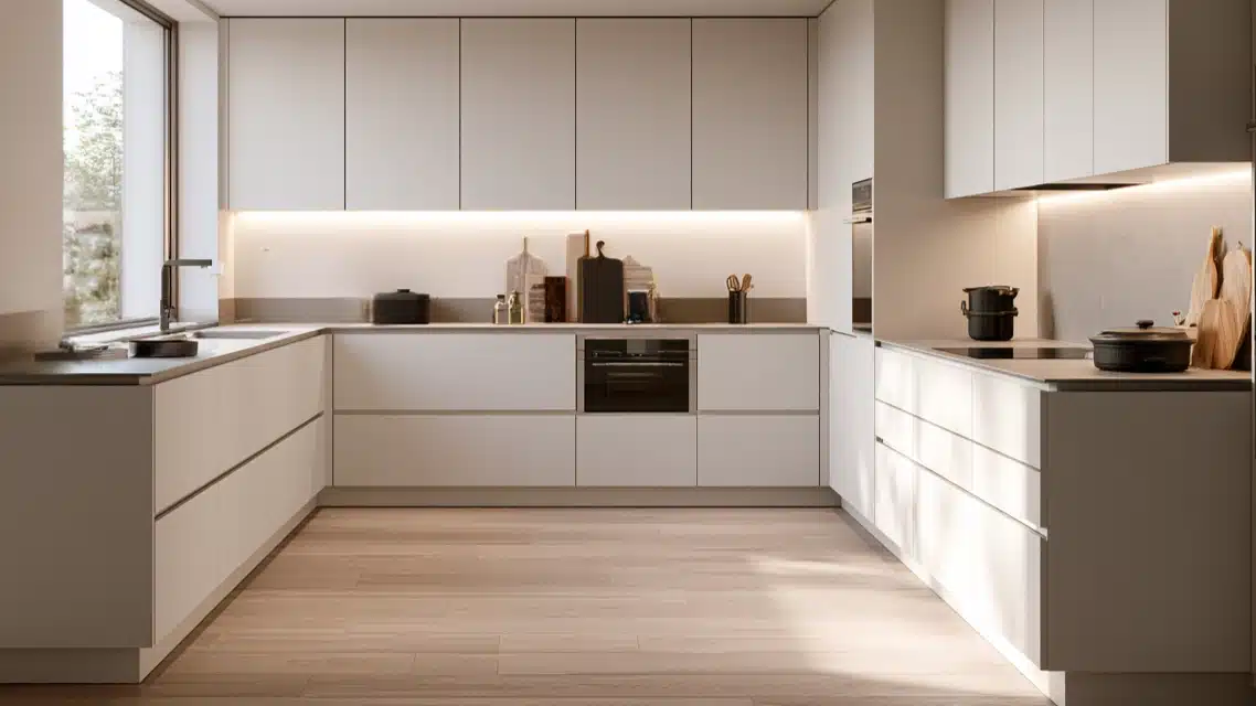 Modern kitchen featuring sleek flat-panel slab doors, white cabinets, and warm wooden flooring.